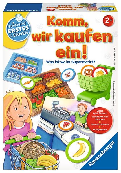 Kinderboardspiel, Kauf im Supermarkt, Lebensmittel, Einkaufskorb, Sortiment