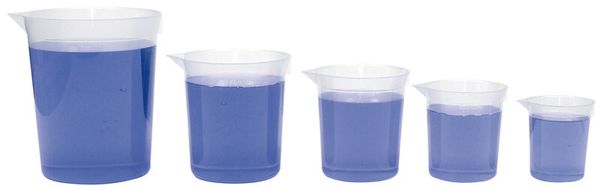 Becher, Messbecher, Transparente Becher, Blauer Inhalt, Kunststoffbecher