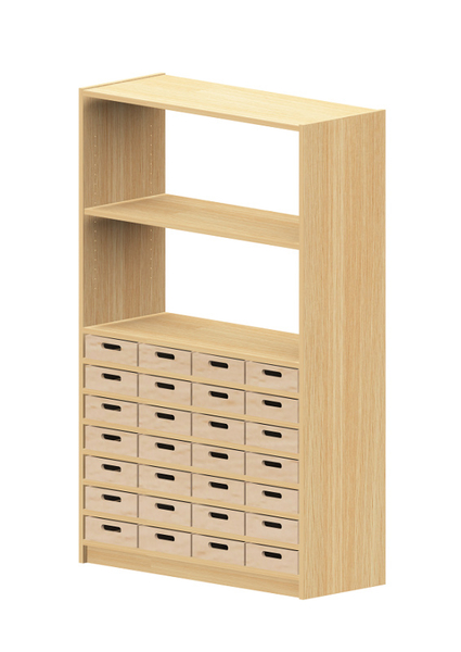 BasicPlus Hochschrank, oben Regal offen, unten 28 Materialkästen, B: 102 cm BasicPlus Hochschrank, oben Regal offen, unten 28 Materialkästen, B: 102 cm