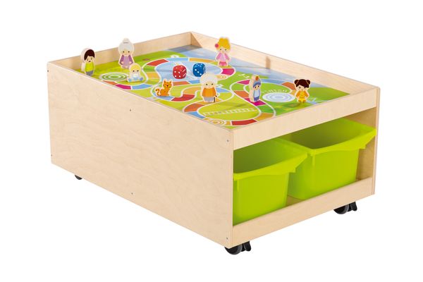 Kinderwerkbank?, Spielteppich, Holzkiste, Rollboxen, Rollwagen