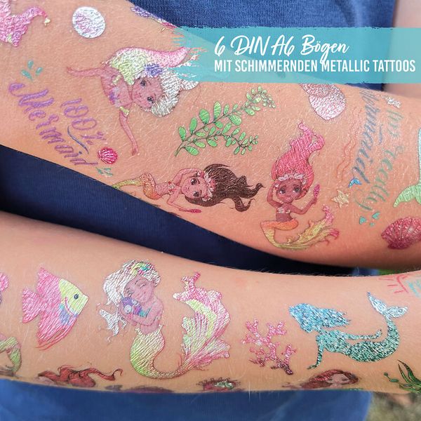 100 Kindertattoos zum Aufkleben - Glitzer Tattoo Set Meerjungfrauen