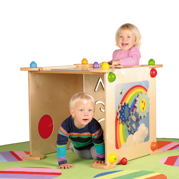 Baby-Aktivitätswürfel, Holzwürfel, bunte Zahnräder, Regenbogen-Panel, Kinder-Spielmöbel