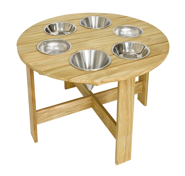 Rundtisch, Holztisch, Holzwerk, Metallbehälter, Hundekekse-Tisch