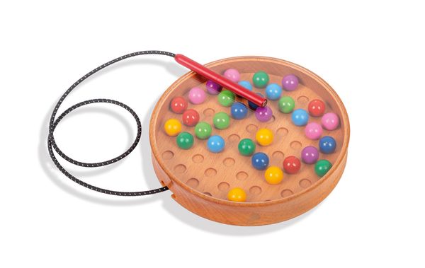 Kugelspiel, Schnurspiel, Holzplatte, Bunte Kugeln, Spielgerät