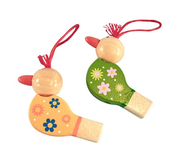 Holzvogelpfeife bunt, 6 Stück Holzvogelpfeife bunt, 6 Stück