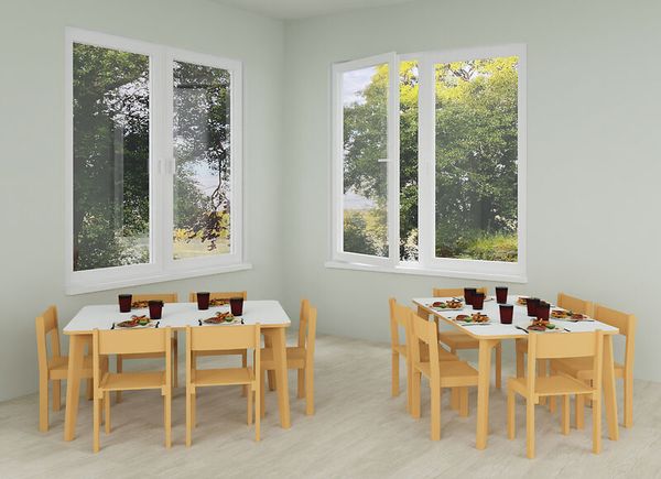 DECOR Set für Kindergartengruppen, 2 Tische + 12 Stapelstühle