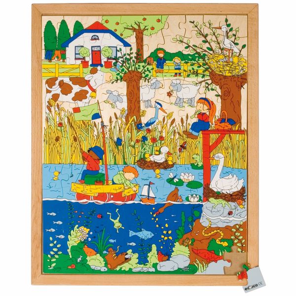 Wimmelbild, Waldszene, Fischteich,  Bootfahren, Kinderfigur