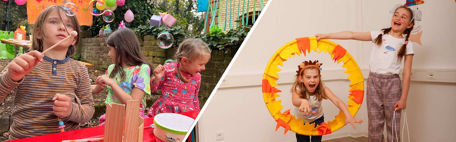 Kinder beim Spielen mit Reifen und Seifenblasen