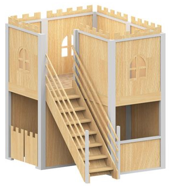 holzhaus, spielzeughaus, holzhaus mit treppe, fensterarche, zwillingsetage
