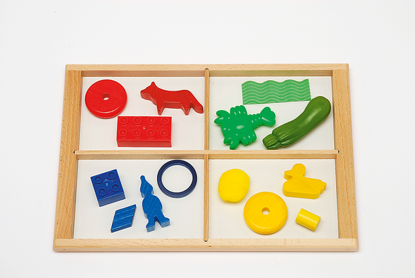 wooden tray, colorful shapes, sorting toys, plastic figures, jigsaw pieces