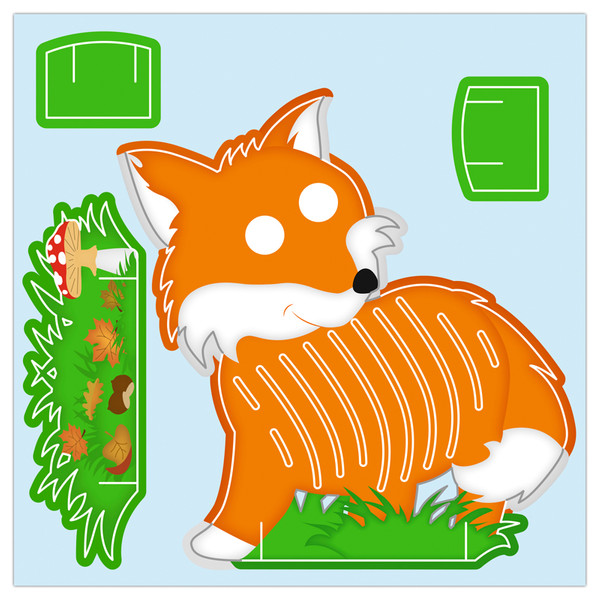 Fuchs, Tierbild, Waldtiere, Tierillustration, Holz+Gras+Hintergrund