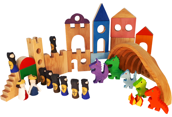Holzspielzeug, Kinderfiguren, Bauklötze, Dinosaurier, Tunnelbogen