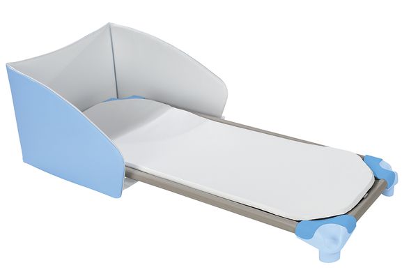 recliner, toddler bed, folding bed, padded frame, blue accents