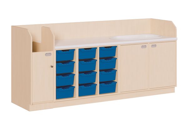 Wickelkommode Moritz mit Badewanne, Aufgang links, 12 Boxen Wickelkommode Moritz mit Badewanne, Aufgang links, 12 Boxen