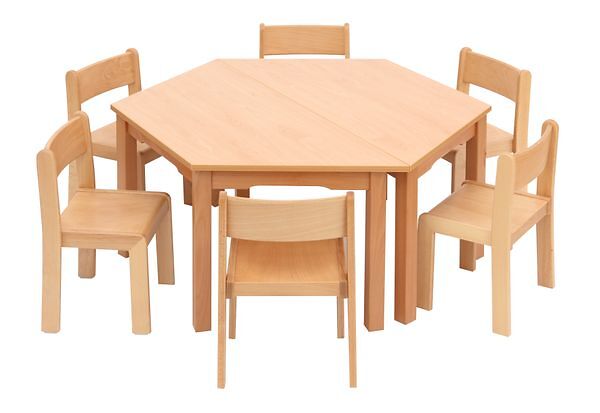 Tisch-Stuhl-Kombination Trapez, Dekor Buche,  Sitzhöhe 30 cm / Tischhöhe 52 cm (SONDERANGEBOT)