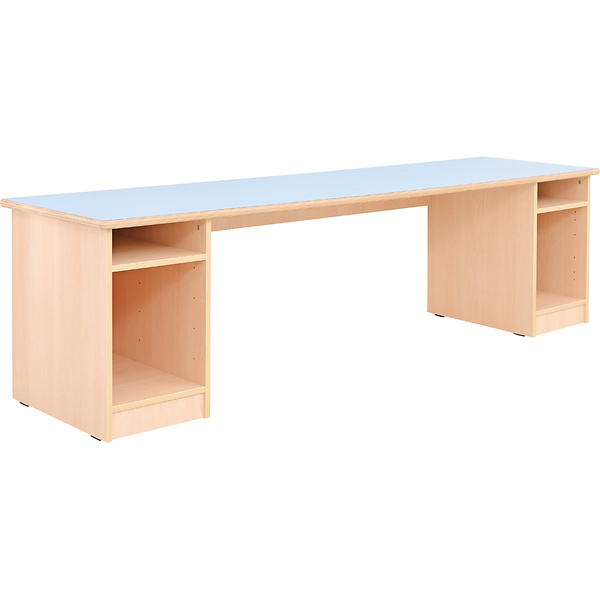 schreibtisch, holz, verstellbare höhe, blaue arbeitsplatte, offenes regalfach