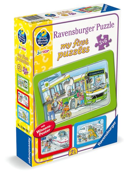 RAVENSBURGER my first puzzles: Unterwegs mit Bus, Bahn und Flugzeug, 3 Kinderpuzzles mit 6 Teilen + Wissensposter, ab 2,5 Jahre