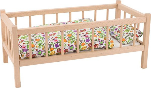 Baby-Bett, Holzrahmen, gepolstertes Schutzbrett, gemustertes Bettzeug, Kleinkindbett