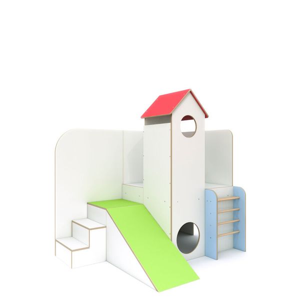 Spielhaus, Kletterangebot, Rutschbahn, Holzspielzeug, Tier-/Rundungloch