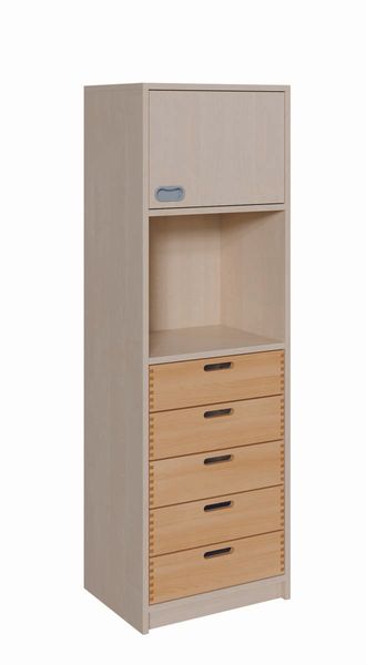 Schrank mit 5 Massivholzschüben, 1 Tür, offenes Fach (B/H/T: 52 x 160 x 40 cm)