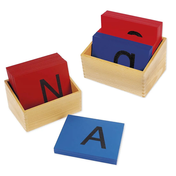 Alphabetkarten, Bunte Karten, Buchstabensteine, Holzkiste, Blau und Rot
