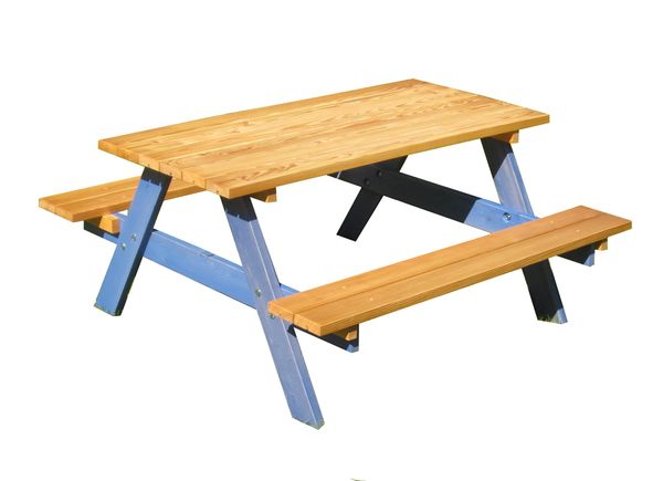 Picnic-Tisch, Holz-Tisch, Planken-Tisch, Außenmöbel, blaue Rahmen