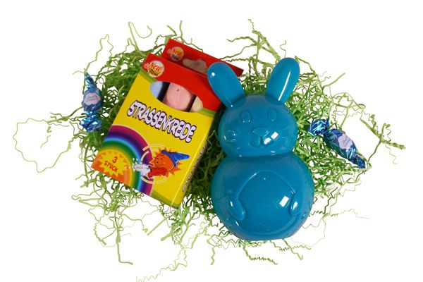 Osterspielszeug, blauer Hase, Plastikhase, Geschenkset, Süßigkeitenbox