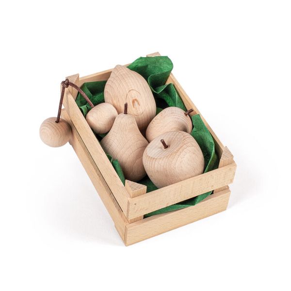 holz, kiste, hängeperlen, äpfel, holzspielzeug