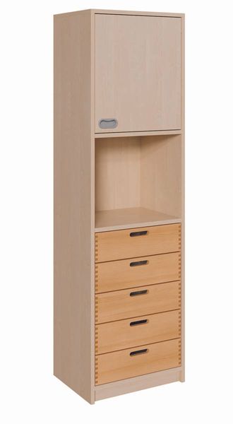 Schrank mit 5 Massivholzschüben, 1 Tür, offenes Fach (B/H/T: 52 x 180 x 40 cm)