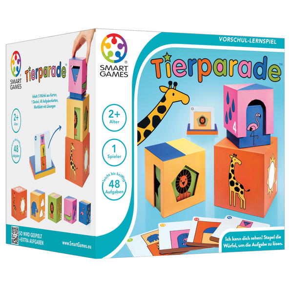 Kinderpiel, Tierparade, Kartenwürfel, Holzblöcke, Tierfiguren