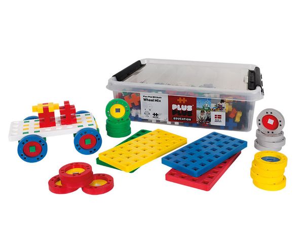 PLUS PLUS BIG GO! Bausteine, Basic Mix, 200-tlg. + 5 Bauplatten + 20 Räder
