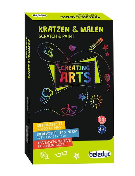 Kratzpapier „Motive“, 30 Blätter (20 x 14 cm), 15 verschiedenen Motive + 30 Kratzstifte