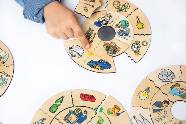 puzzle, wooden disc, educational toy, colorful segments, children activity