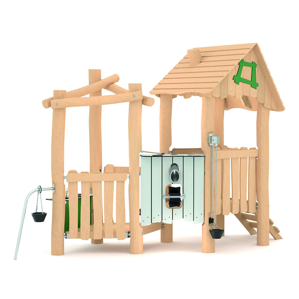 Holzspielgerät, Kinderspielhaus, Kletterturm, Sandkasten, Spielplatz