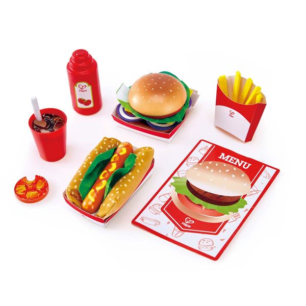 Hamburger, Pommes, Ketchup, Softgetränk, Menükarte