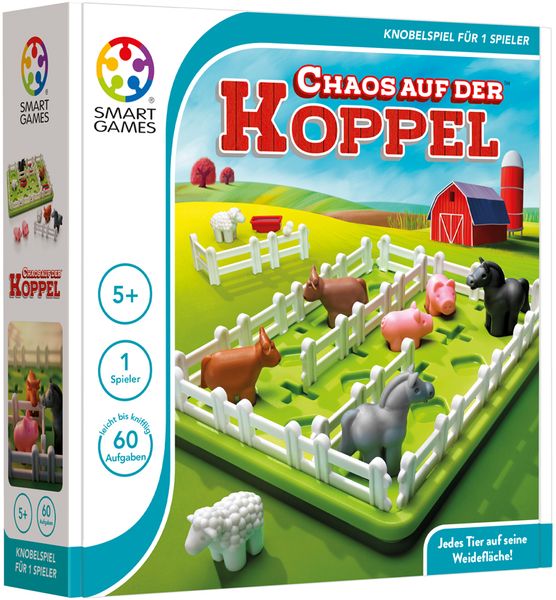 Knobelspiel, Tierfiguren, Pferd, Kuh, Schaf