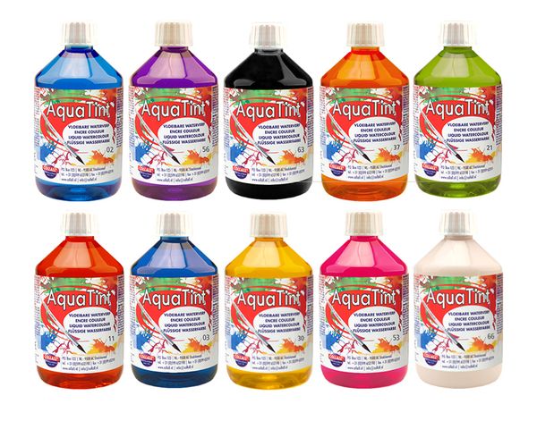 Aqua Tint Set, wasserbasierte, flüssige Tinte, 10 Standardfarben à 500 ml  Aqua Tint Set, wasserbasierte, flüssige Tinte, 10 Standardfarben à 500 ml