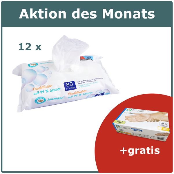 KITAEINKAUF Feuchttücher 99% Wasser, 12x80 Stück + 1 Box Einweghandschuhe Vinyl Gr. M (AKTION)