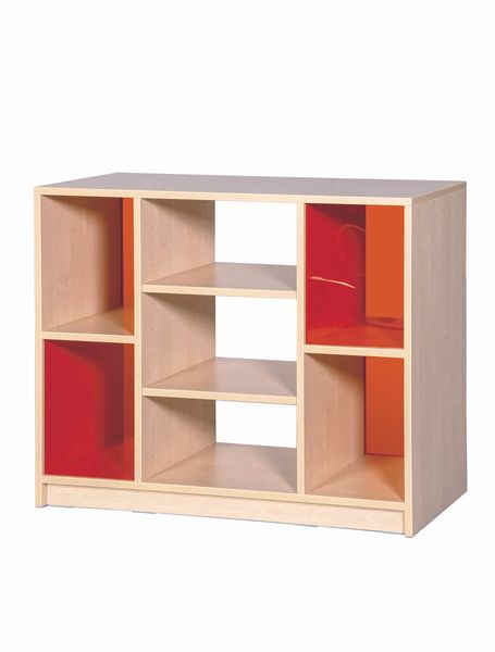 Regal, Aufbewahrung, Holzregal, Fächer, orange Akzente