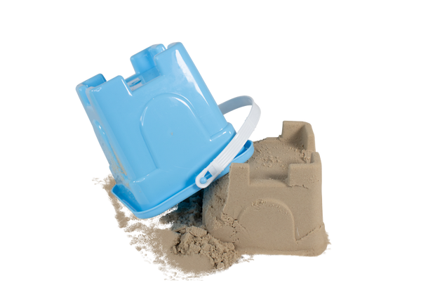 Sandbox, blauer Kunststoff, Sandform, Burgform, Griffkorb