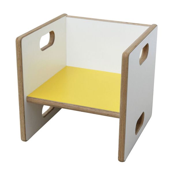 Kinderstuhl, Kinderhocker, Holzstuhl, Gelb Sitzfläche, Löcher Griffe