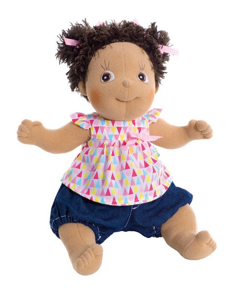 Plüschpuppe,  Stoffspielzeug, bedrucktes Kleid, Shorts, braune Haare