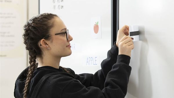 Student, Apfel-Thema, Whiteboard, Brille, geflochtene Haare