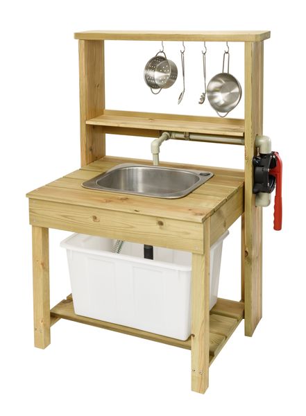 Holzspielküche, Kinderküche, Holzspüle, Metalltupf, Wasserhahn, Küchenzubehör
