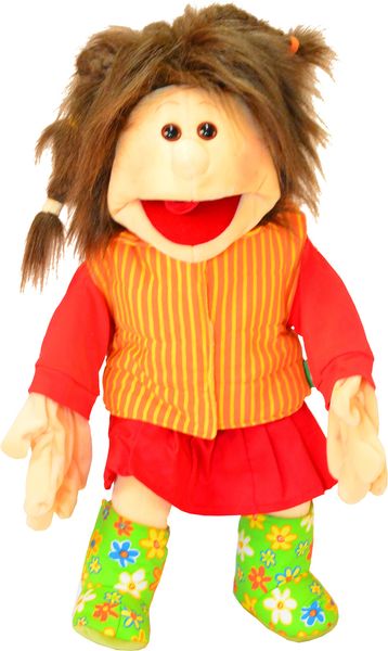 Plüschpuppe, Handpuppe, orange gestreifte Weste, rotes Kleid, grüne Blumenstiefel