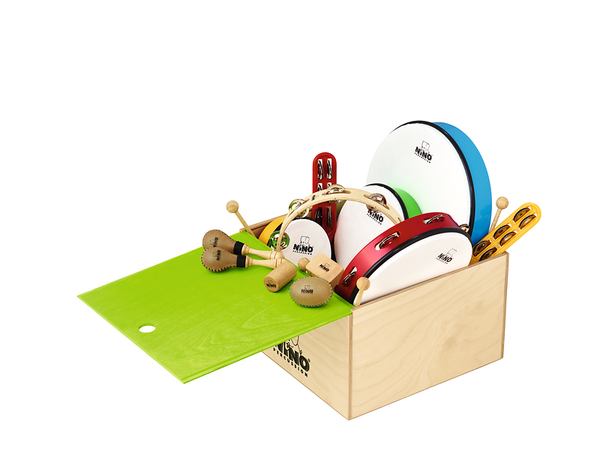 Percussion, Set, Instrumente, Regenbogen-Stöcke, Holzkiste