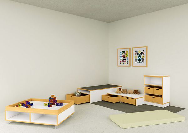 DECOR Bauecke Matratzenpodeste, Doppelpodest, Regal und Bautisch für Krippen- + Kindergartengruppen