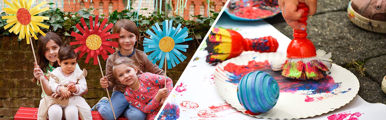 Banner für das Sommerfest: Kinder mit gebastelten Blumen und beim Malen