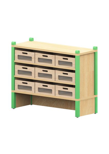 BasicPlus Stollensockelnischenschrank, mit 9 Materialkästen mit Acrylglasfront, 2 festen Böden