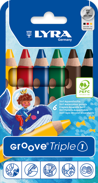 Farbstifte, Holzstifte, Tri-color-Set, sechs Farben, Stifttüte